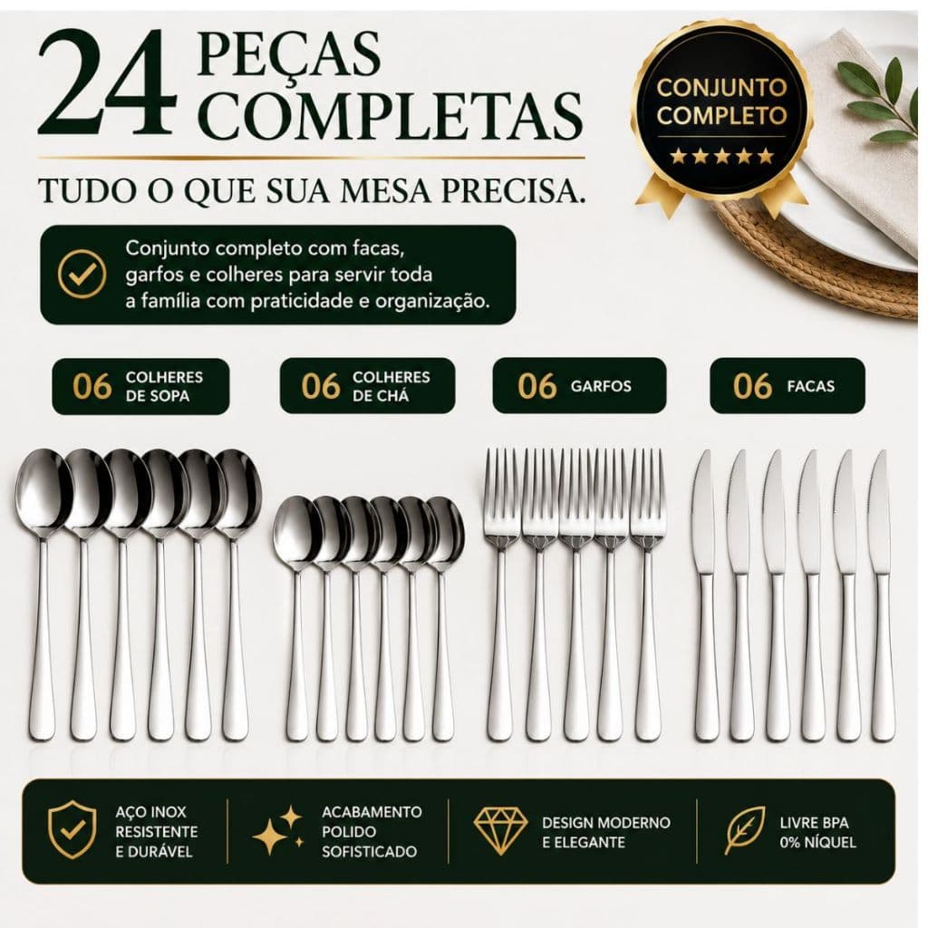 Jogo Talheres Inox 24 Peças Brilho Nobre Premium Faqueiro Completo Aço Inox Mesa Postas Jantar  Luxo