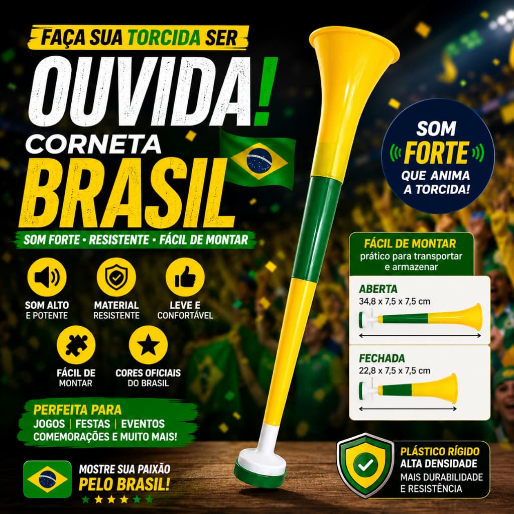 Corneta Brasil 40cm Verde e Amarela Som Potente Para Torcida Jogos Copa e Eventos