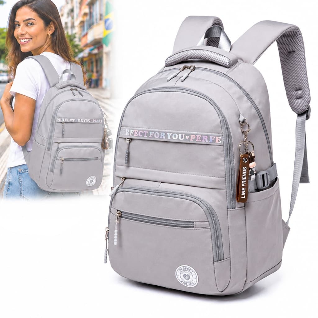 Mochila Cinza Escolar Espaçosa Chaveiro Notebook Passeio