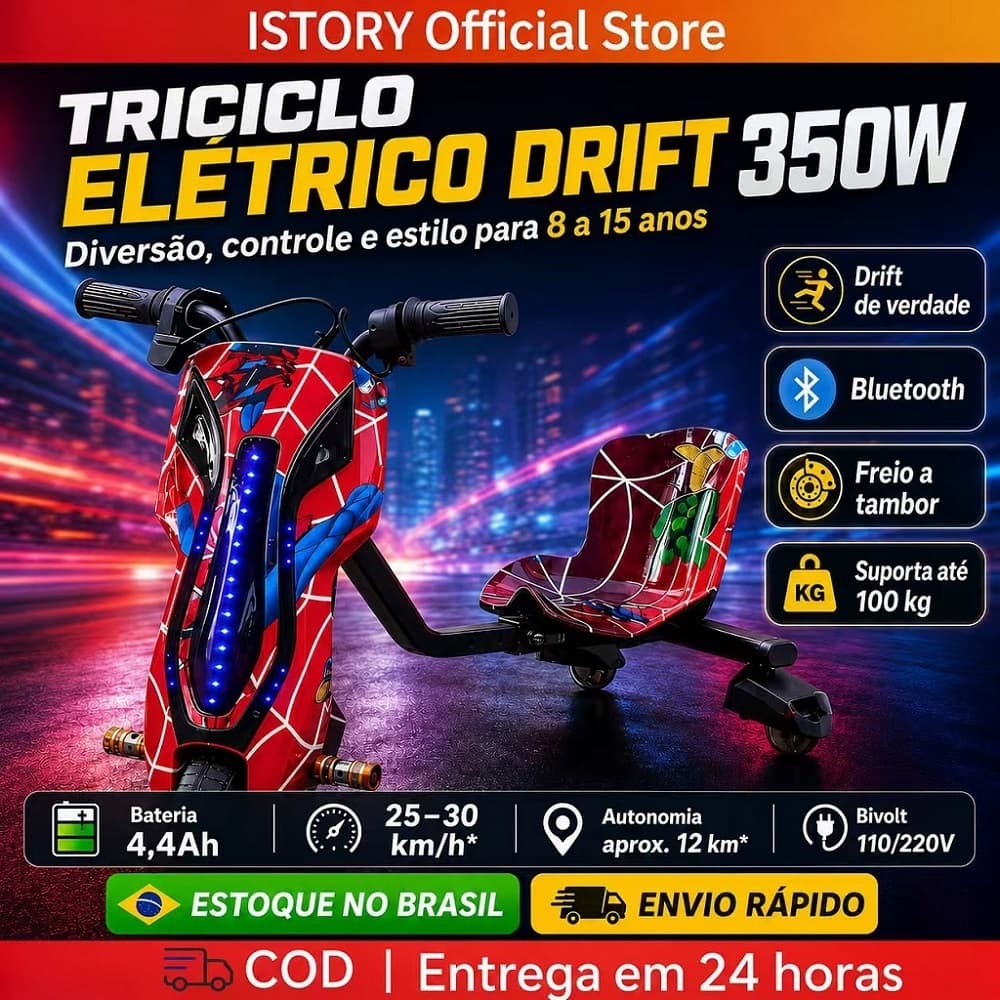 Triciclo Drift Elétrico Infantil 350W 3 Rodas com Carregador, Brinde Capacete e Joelheiras Incluído