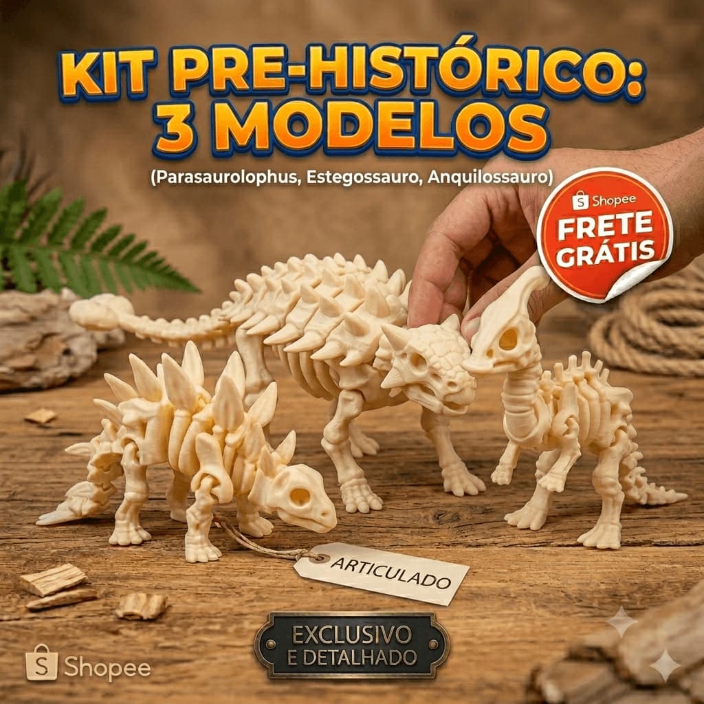 Kit 3 Dinossauros Articulados Esqueleto Fóssil Parasaurolophus Estegossauro Anquilossauro em 3D