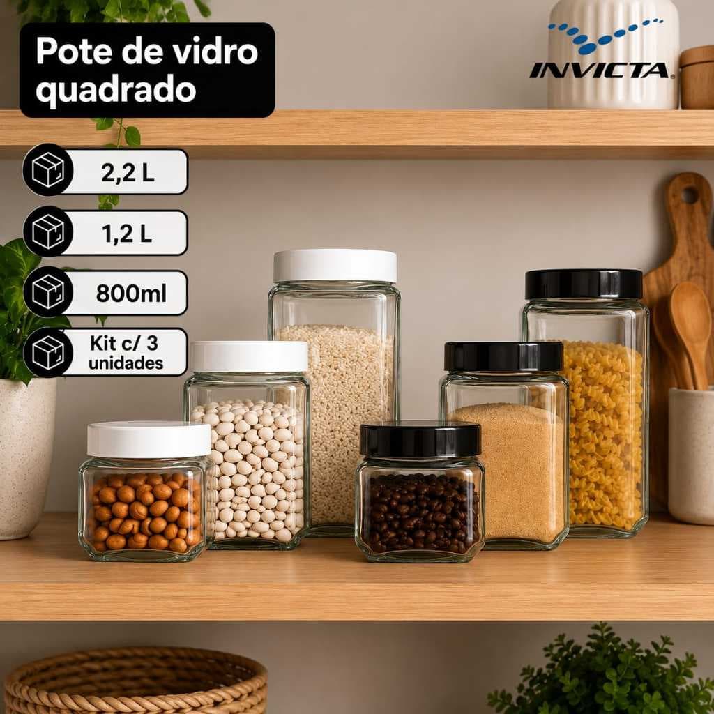 Conjunto 3 Peças Pote Vidro Quadrado Tampa Rosca Color Invicta