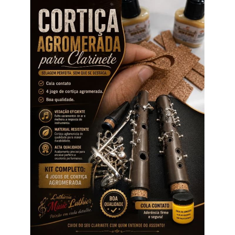 kit Cortiça Natural Agrumerada 1.6mm P/ Reparo de Clarinete + Cola Contato