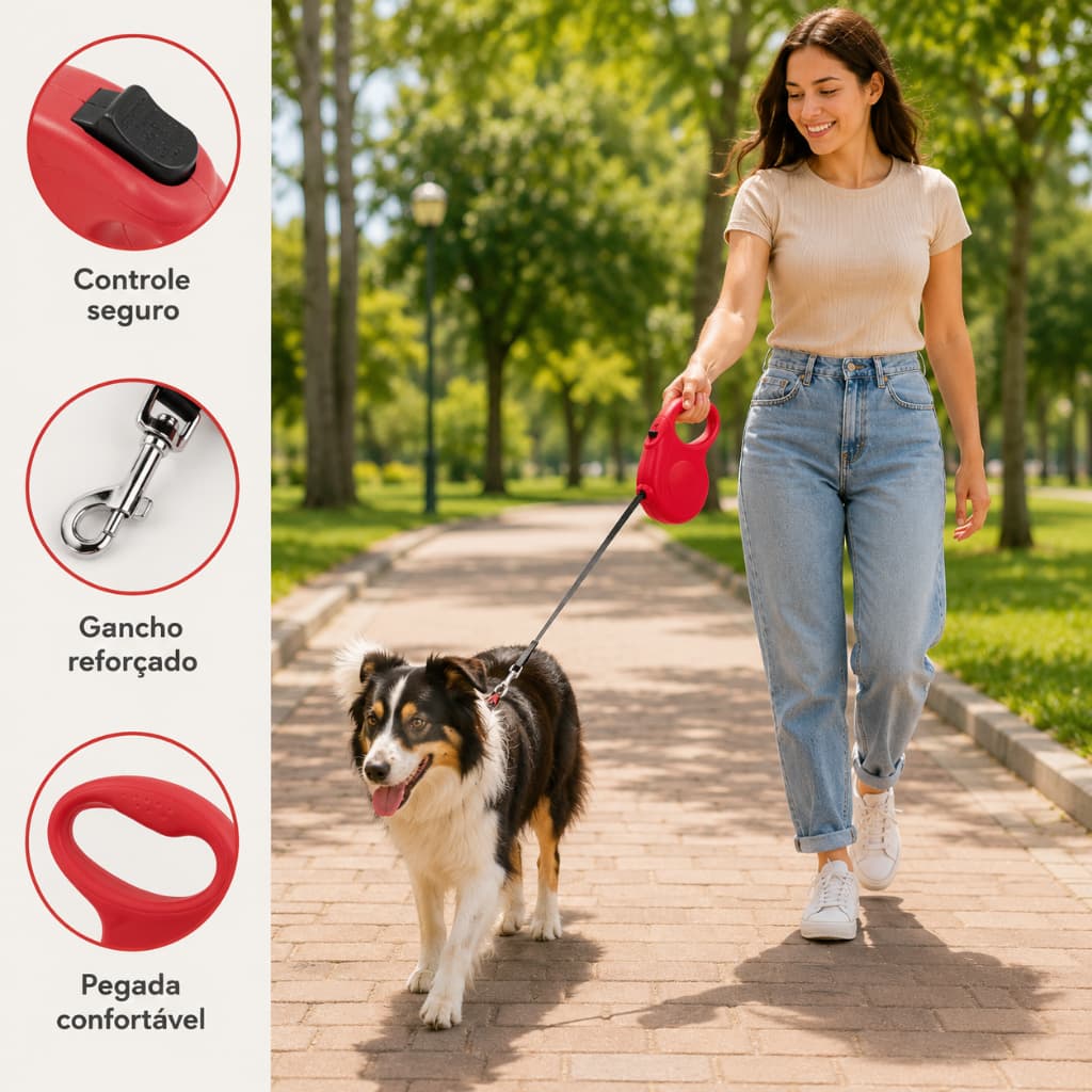 Coleira Guia Retrátil 3/5 Metros Pets Cachorros e Gatos Resistente Trava Até 11.33kg Cores Sortidas