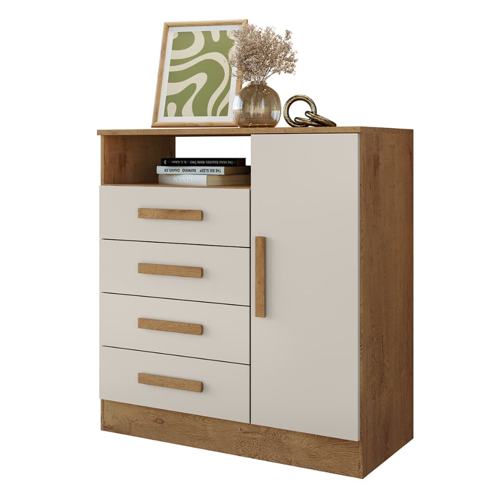 Cômoda Multifuncional 4 Gavetas 1 Porta Nicho MDP Puxador Madeira Quarto 80cm