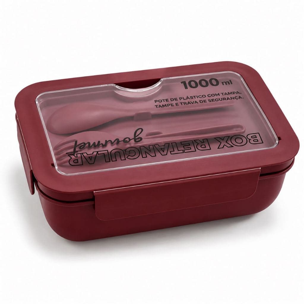 Pote De Marmita Box Retangular Com Divisoria 1000ml Com Talheres