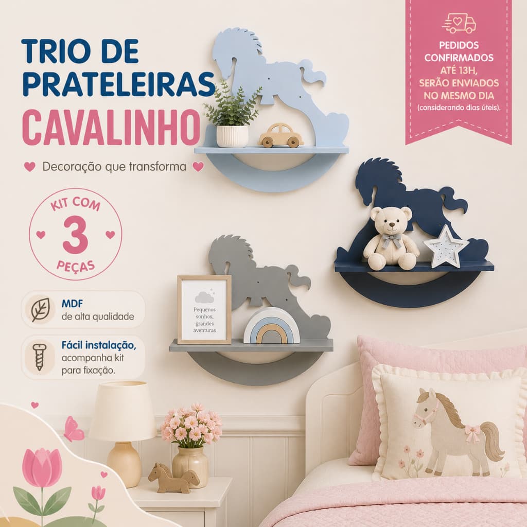 Kit 3 prateleiras Cavalinho Infantil DecorativaTrio prateleiras cavalo fofo em MDF