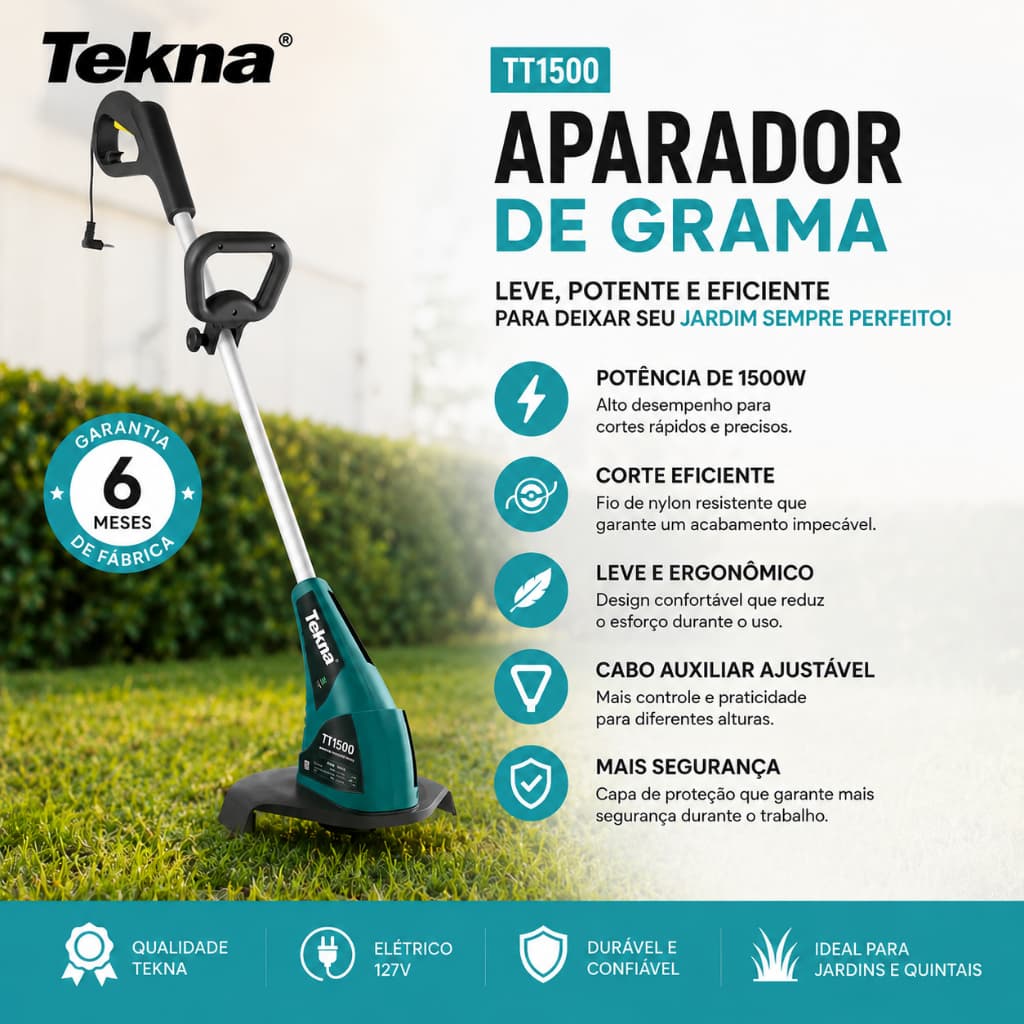 Aparador de Grama Elétrico Tekna – TT1500 Fio Duplo 1500W