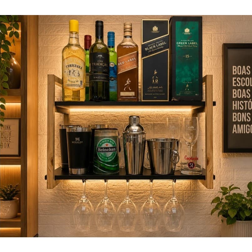 Barzinho de Parede Adega Vinhos 100% Pinus e MDF Decoração com Porta Taça