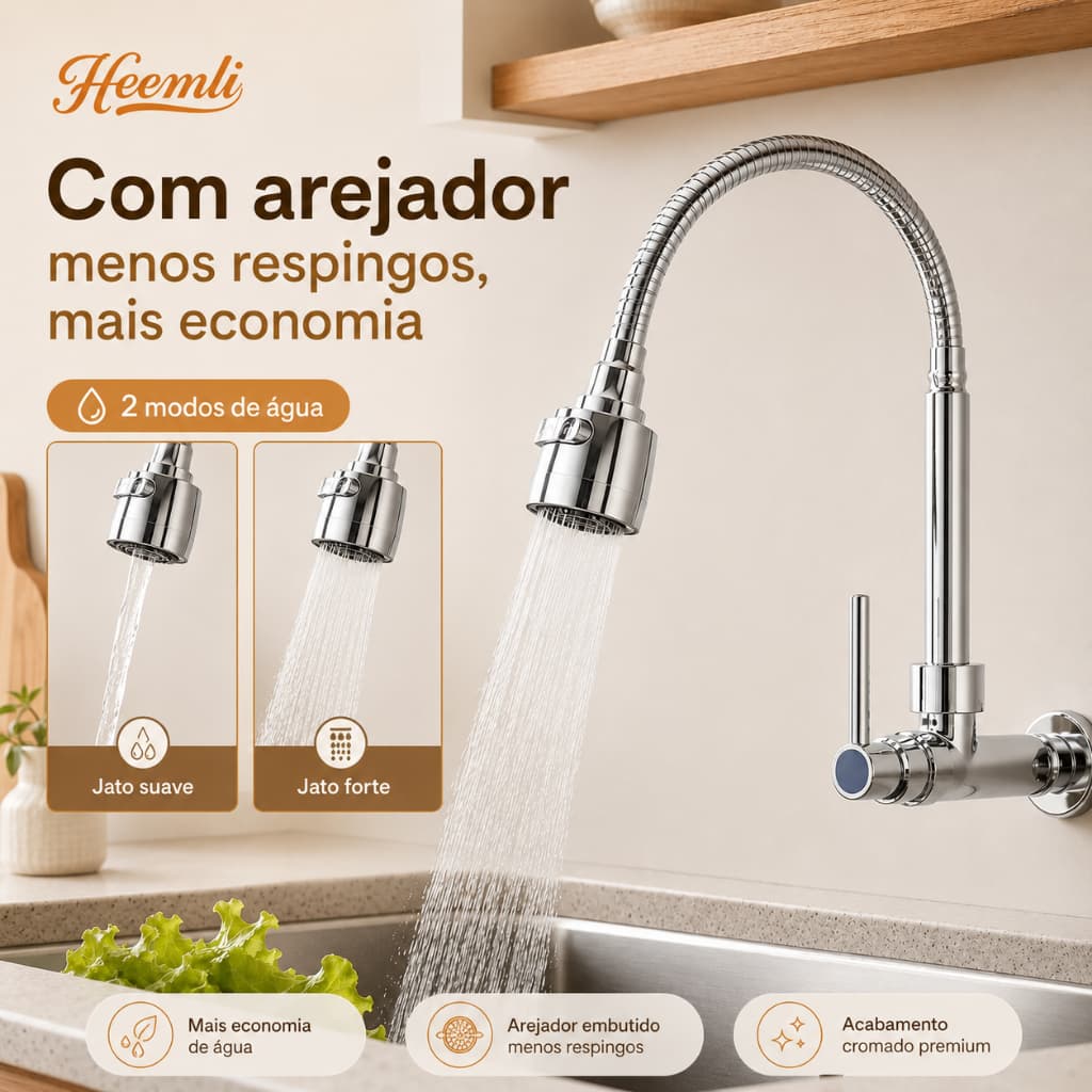 Torneira para Cozinha Heemli de Parede Flexível 360° Água Fria Dupla Saída
