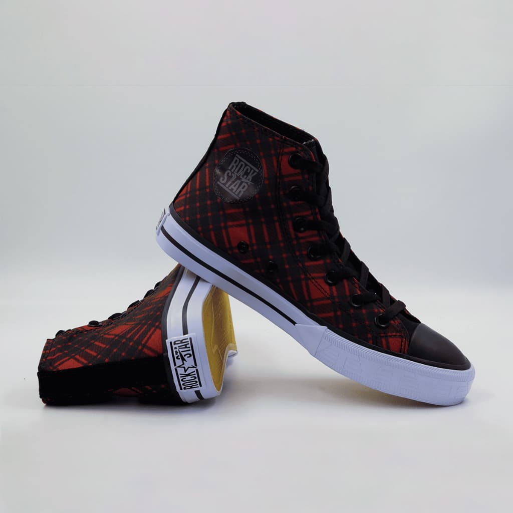 Tênis Casual Cano Alto Xadrez Vermelho Unissex Visual Autêntico com Estilo e Conforto