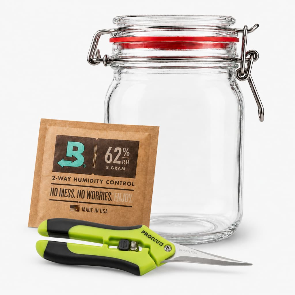 Kit Colheita Pote Hermético De Vidro Boveda 8g 62% Tesoura Para Poda Ponta Reta Curva
