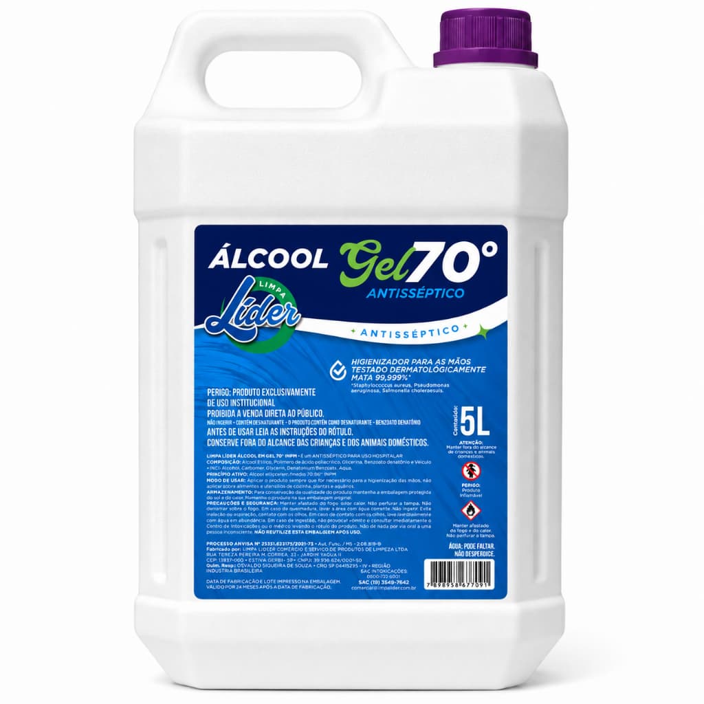 Álcool em Gel 70% Antisséptico Limpa Líder 5LT Higienizador de Mãos Galão Econômico
