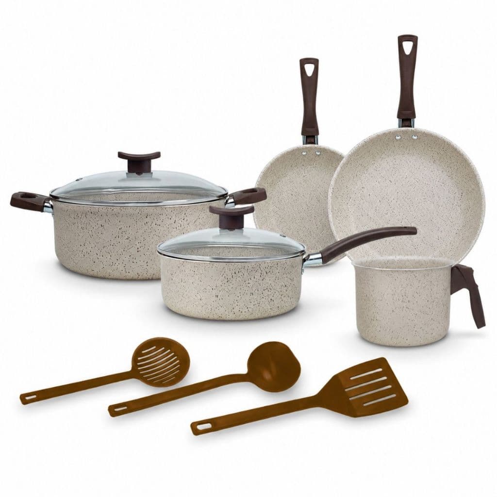 Conjunto De Panelas 8 Peças Com Utensílios Antiaderente Tampa De Vidro D'Itália