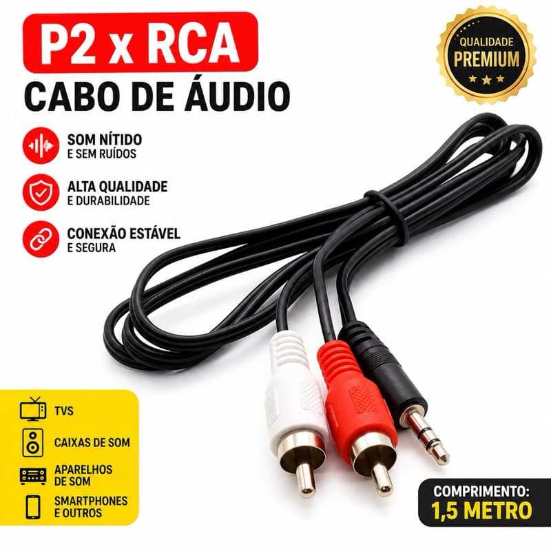Cabo P2 Para RCA 1,5 Metro Áudio Estéreo TV Caixa de Som Home Theater Amplificador Celular Notebook