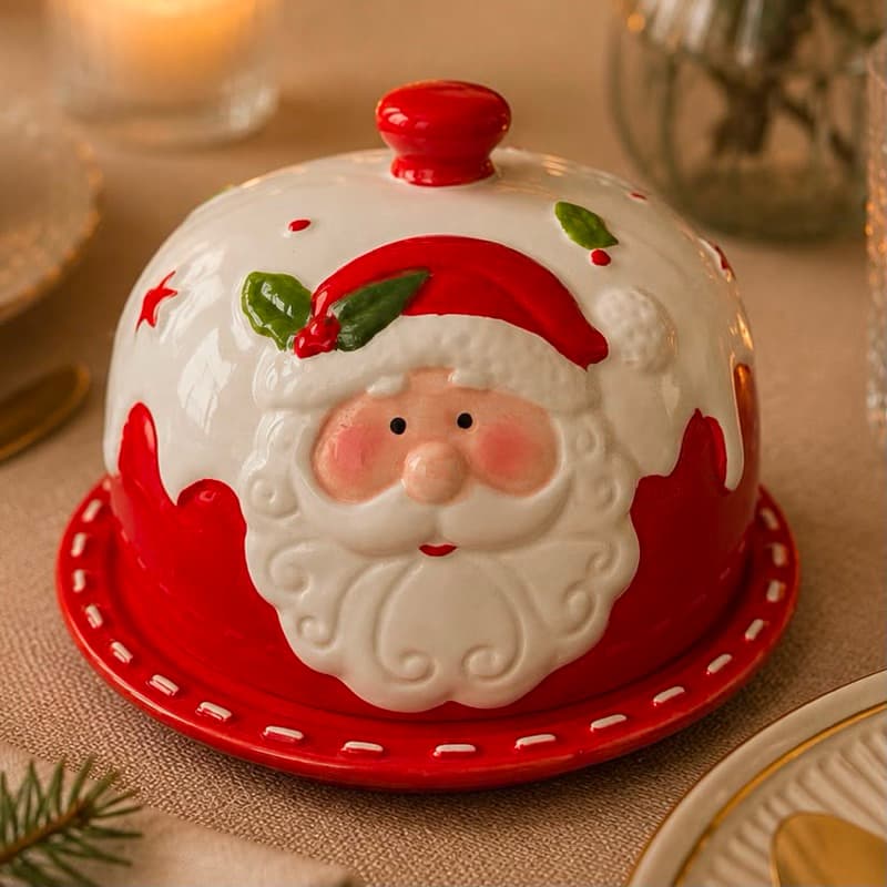 Porta Condimentos Manteigueira | Suporte Manteiga, Queijos e Bolo Em Porcelana de Natal e Designer de Papai Noel