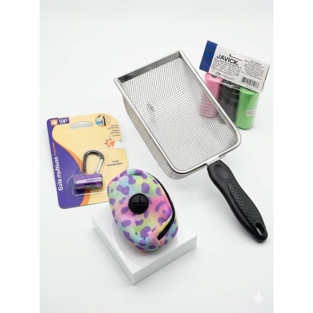 Kit Higiene Pet 1 Pá Coletora Inox Areia Gato + Porta Saquinho + 45 Refil cachorro saquinho de lixo
