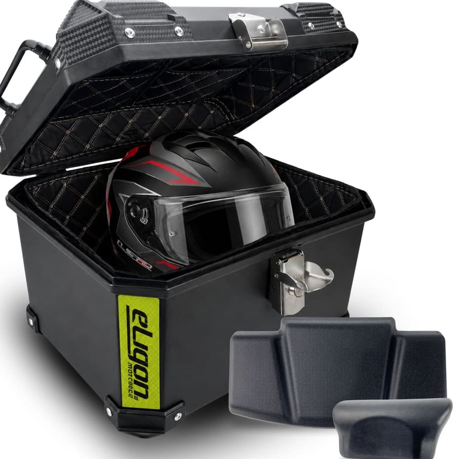 Baú Traseiro Moto Base Preto Plástico ABS 45 Litros Com Suporte Com Encosto Passageiro