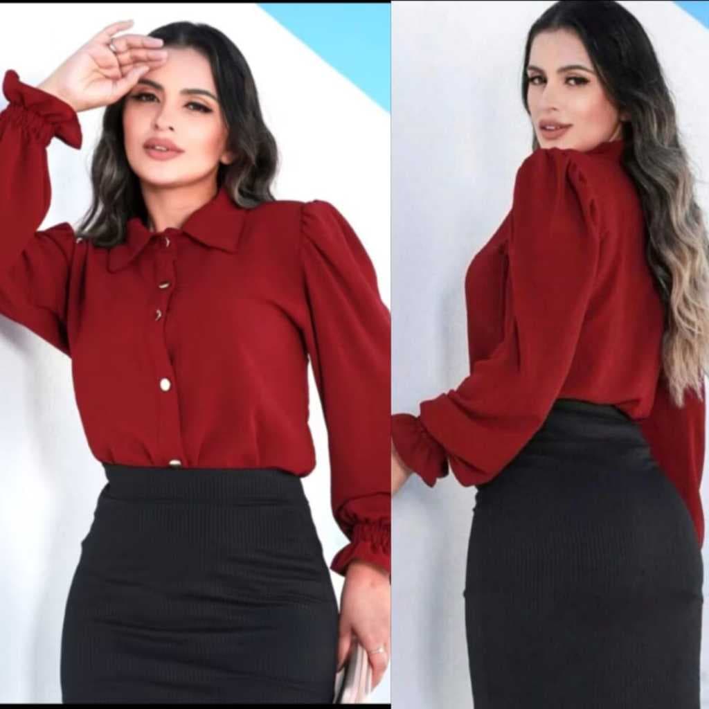 Camisa Social Feminina Duna Lisa Manga Longa com Botões e Punho Lastex Elegante Tamanhos P M G GG