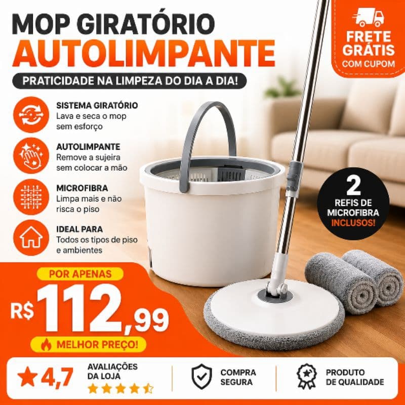 Mop Giratorio Balde Autolimpante Microfibra 2 Refil Mais Limpeza