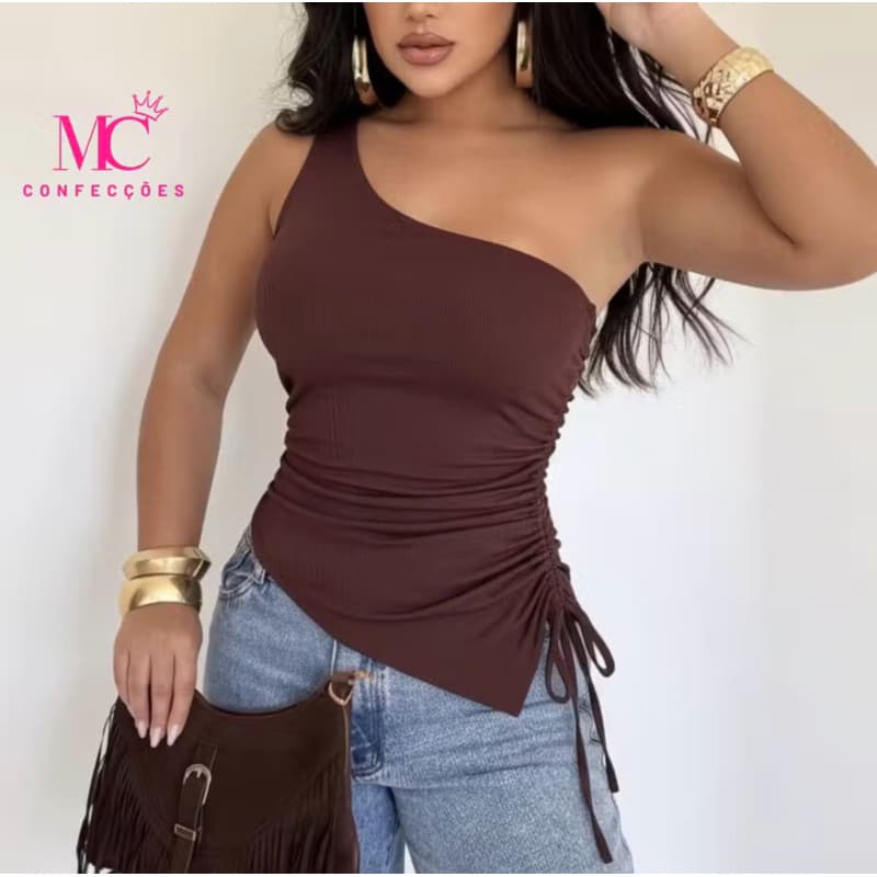 Blusa Feminina Drapeada Assimétrica Um Ombro Só Mula Manca Elegante Ribana Canelada Algodão Casual