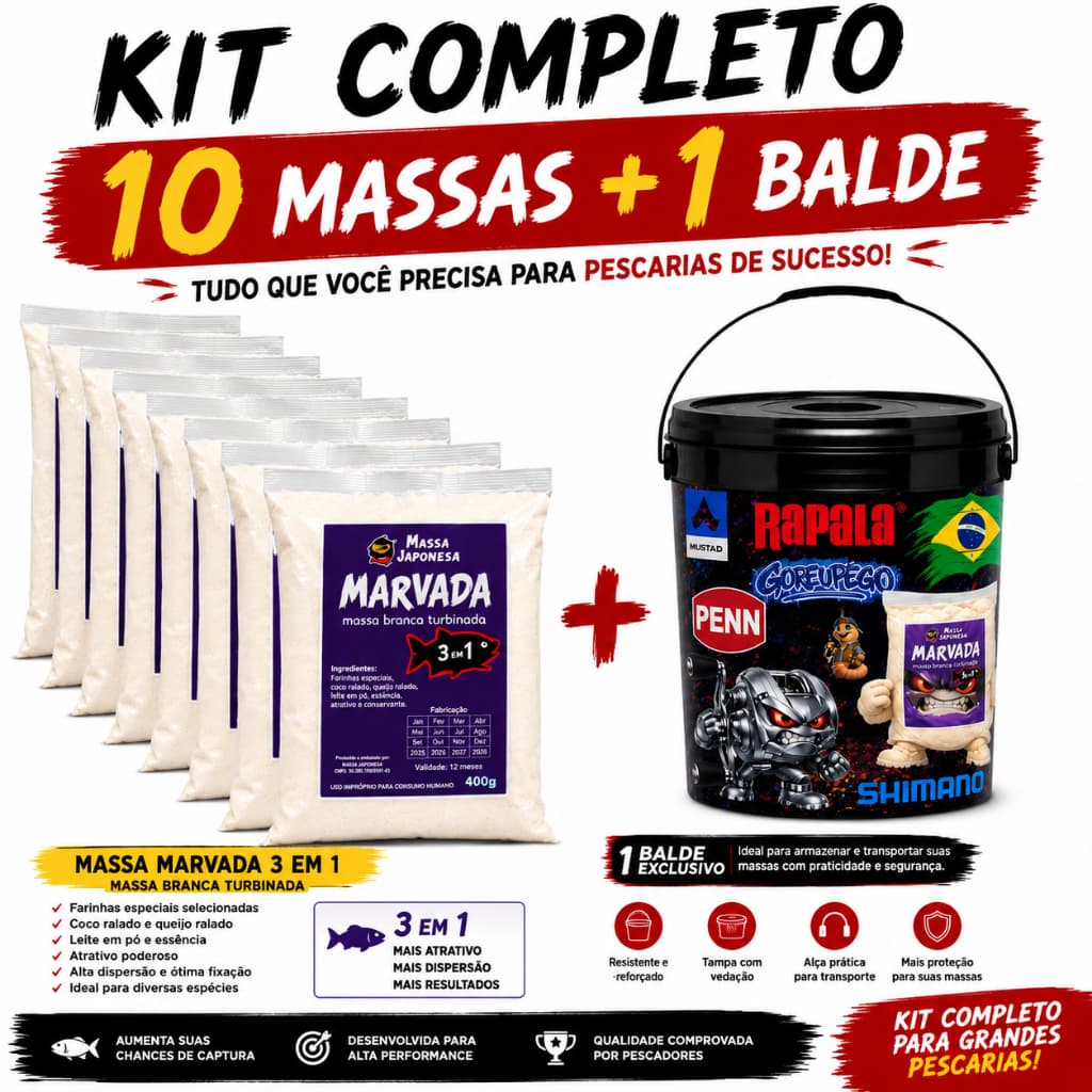 KIT BALDE DE PESCA 20L + 10X MASSA JAPONESA MARVADA TURBINADA 400G