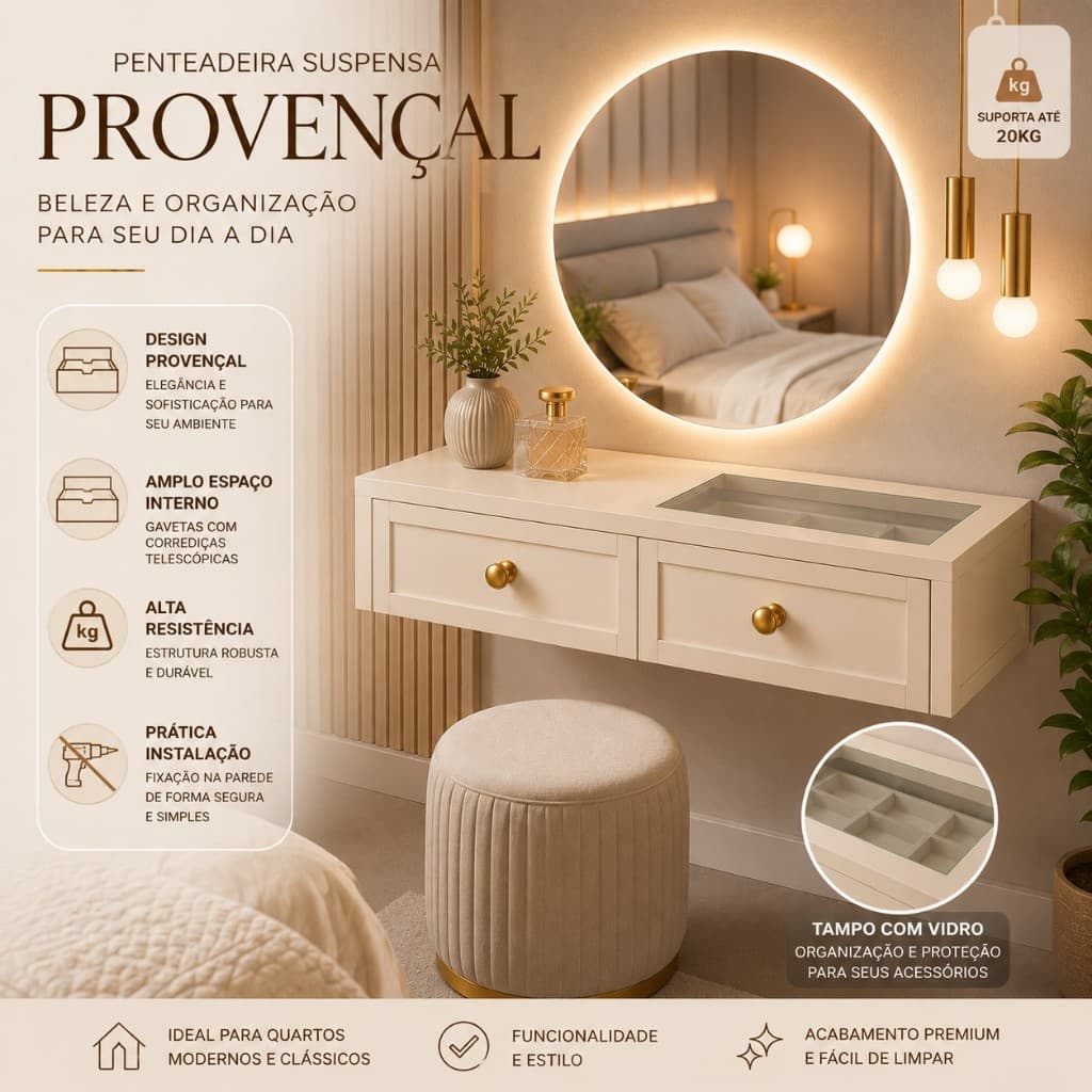 Penteadeira Suspensa 90cm Provençal Off White  2 Gavetas Divisórias Maquiagem Tampo Vidro Aparador