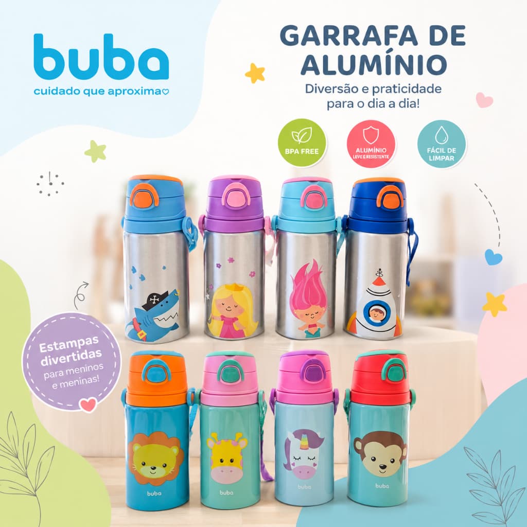 Garrafa de Aluminio Buba Infantil com Canudo Zoo Garrinha Água