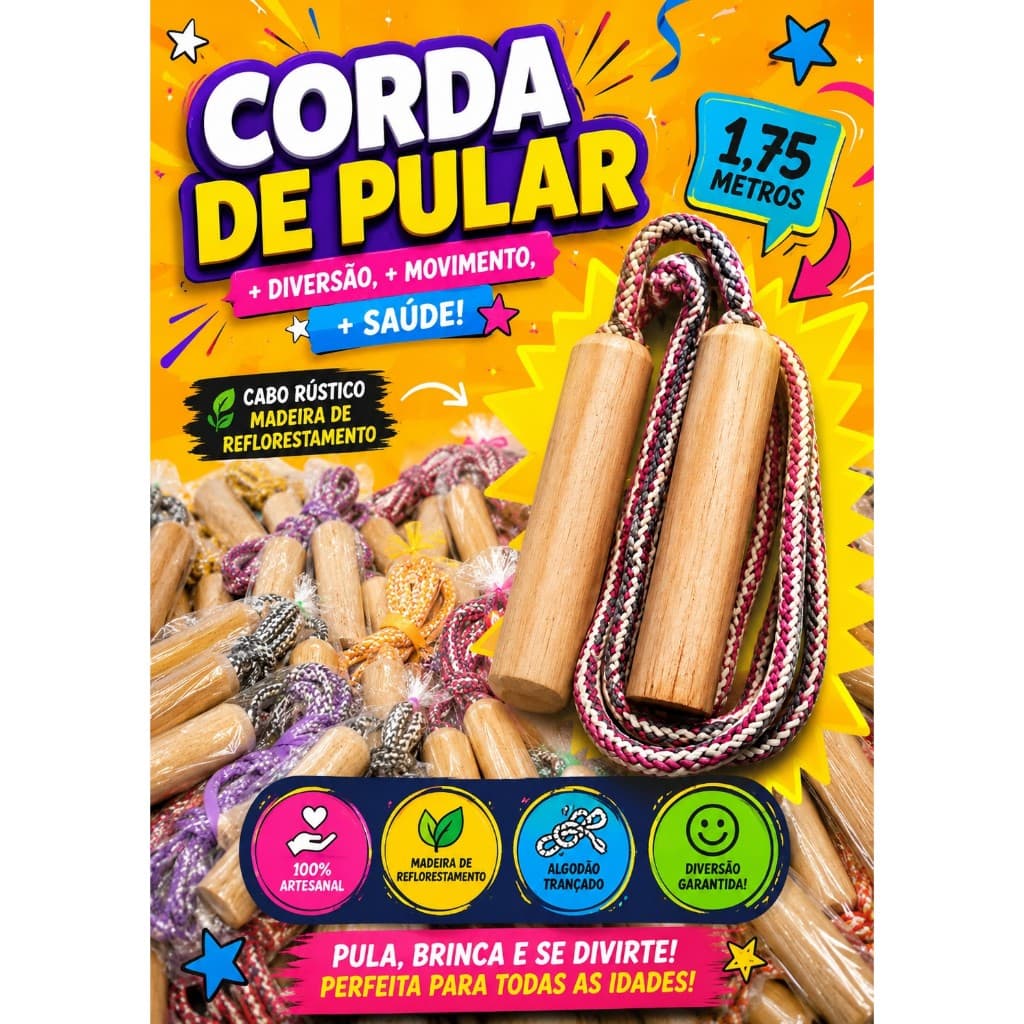 35UN Cordas de pular brinquedo infantil 1,75 metros com cabo de madeira lixada
