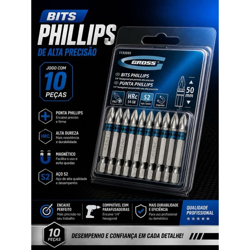 Jogo Kit Bits Phillips Ph2 50mm Profissional Aço S2 Gross Com 10 Peças Imantado Para Parafusadeira