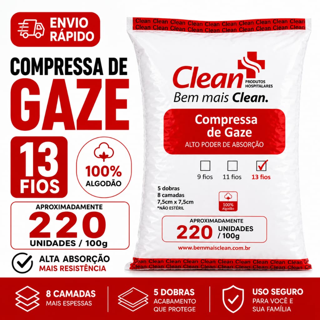 Compressa De Gaze 13 Fios 100% Algodão 220un Não Estéril 7,5x7,5cm Alta Absorção Clean 100g
