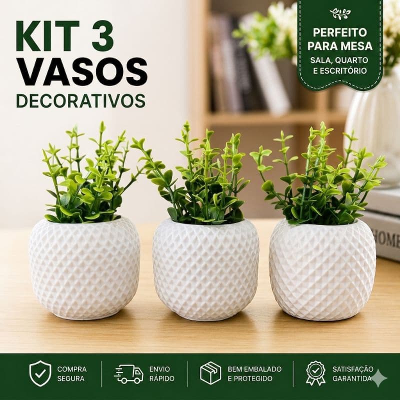 Kit 3 Vasos Decorativos com Plantas Artificiais | Decoração Moderna Elegante para Mesa e Sala | Pronto para Usar