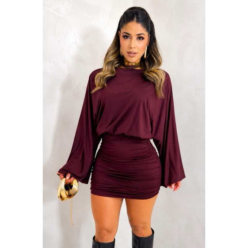 Vestido Curto Manga Morcego Longa Gringa Drapeado Bufante Elegante Balada Outono Inverno