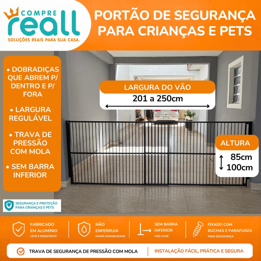 Portão de Segurança para crianças e PET Largura Regulável 130 a 250cm