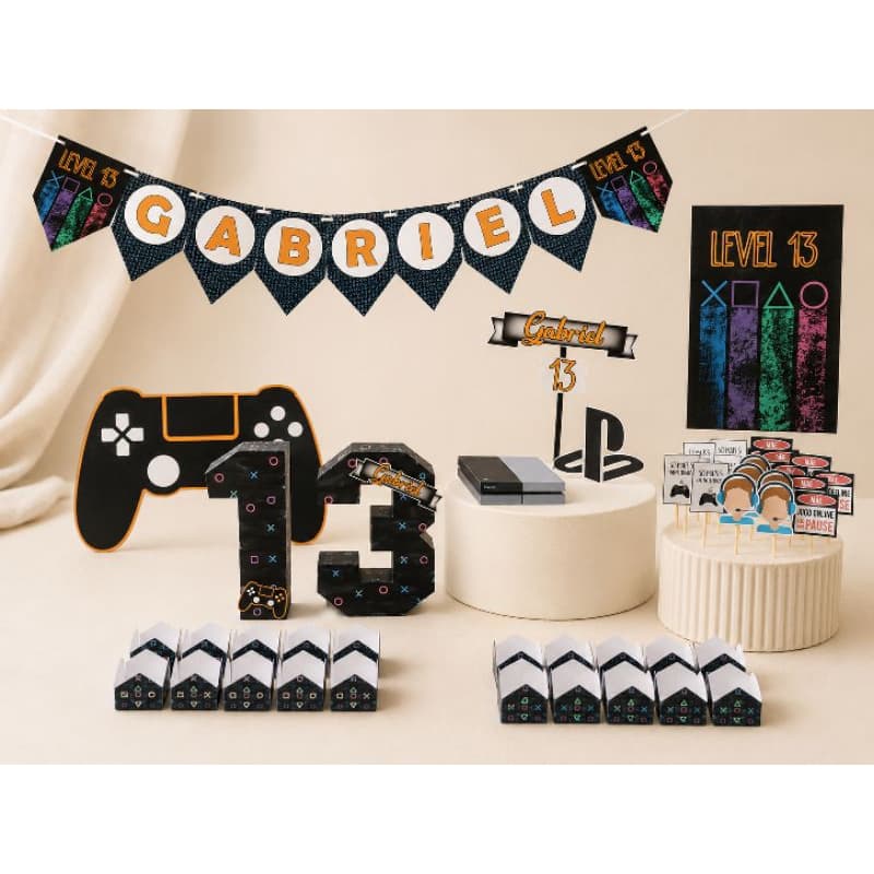 Kit Festa Infantil Gamer PlayStation Personalizado | Número 3D, Toppers e Decoração de Mesa