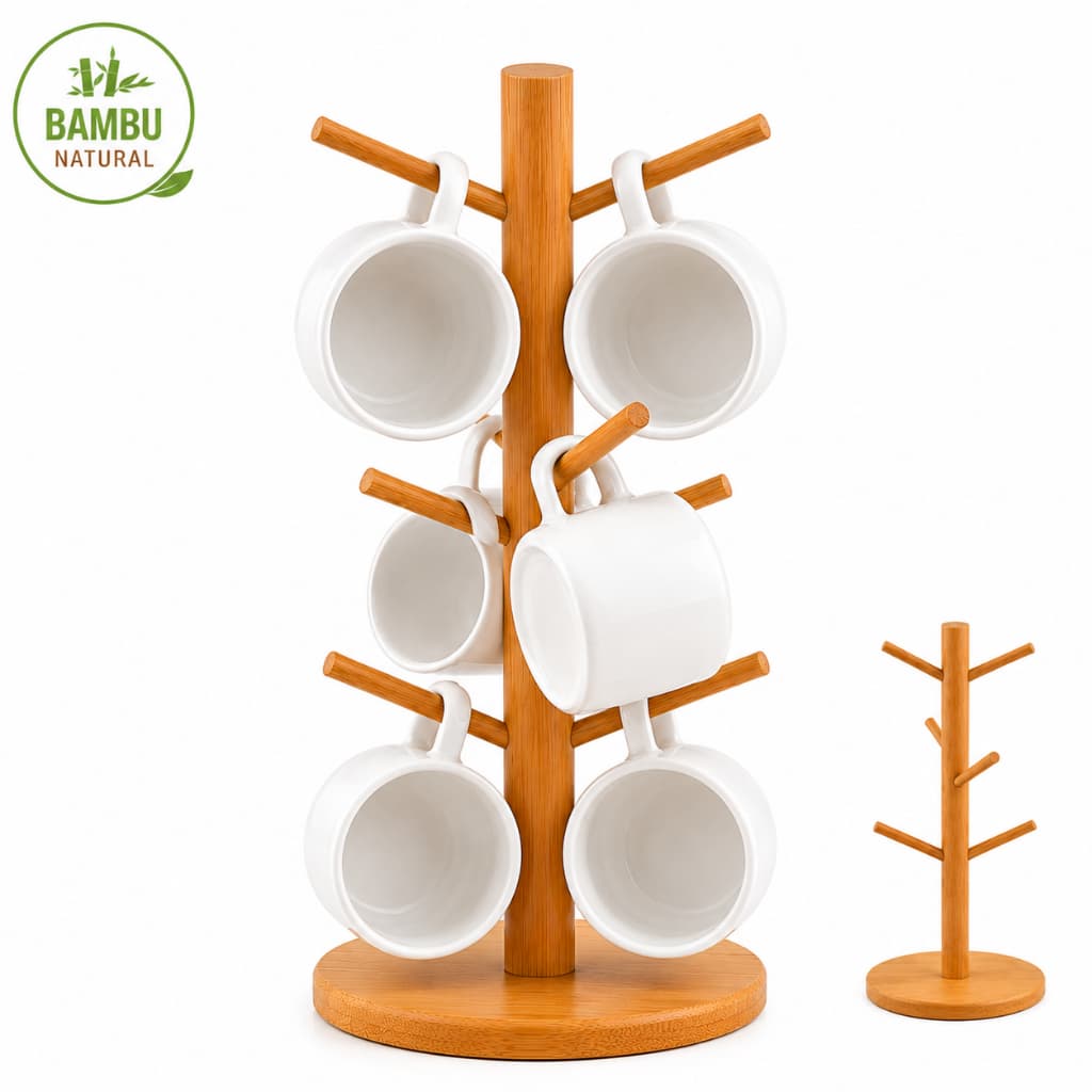 Suporte Porta Xícaras de Bambu 6 Ganchos Porta Caneca Copo Organizador Cozinha Cantinho do Café