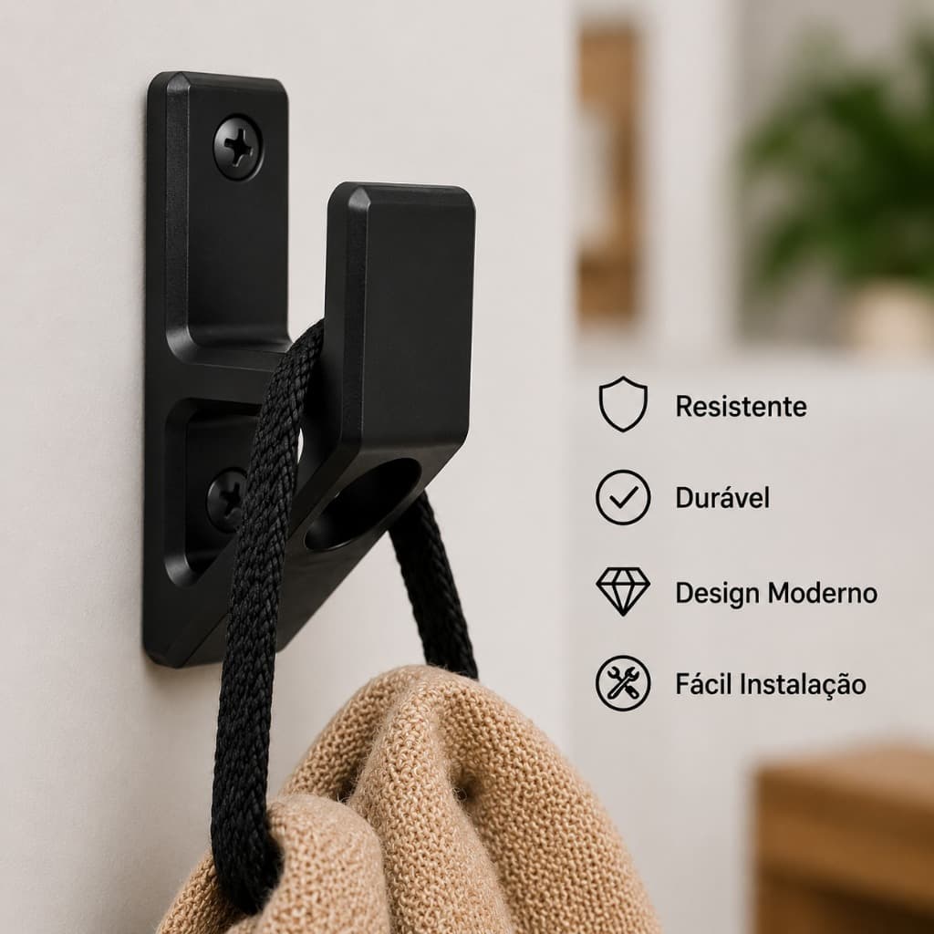 Gancho de Parede Multiuso Preto Suporte Organizador Resistente para Mochila Bolsa e Acessórios