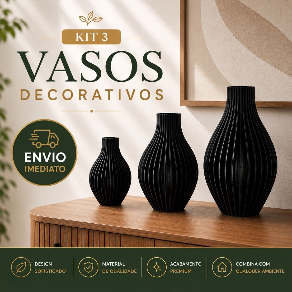 Vaso Ondulado Kit 3 Vasos Decorativos Modernos Preto 3D Pequeno Médio Grande