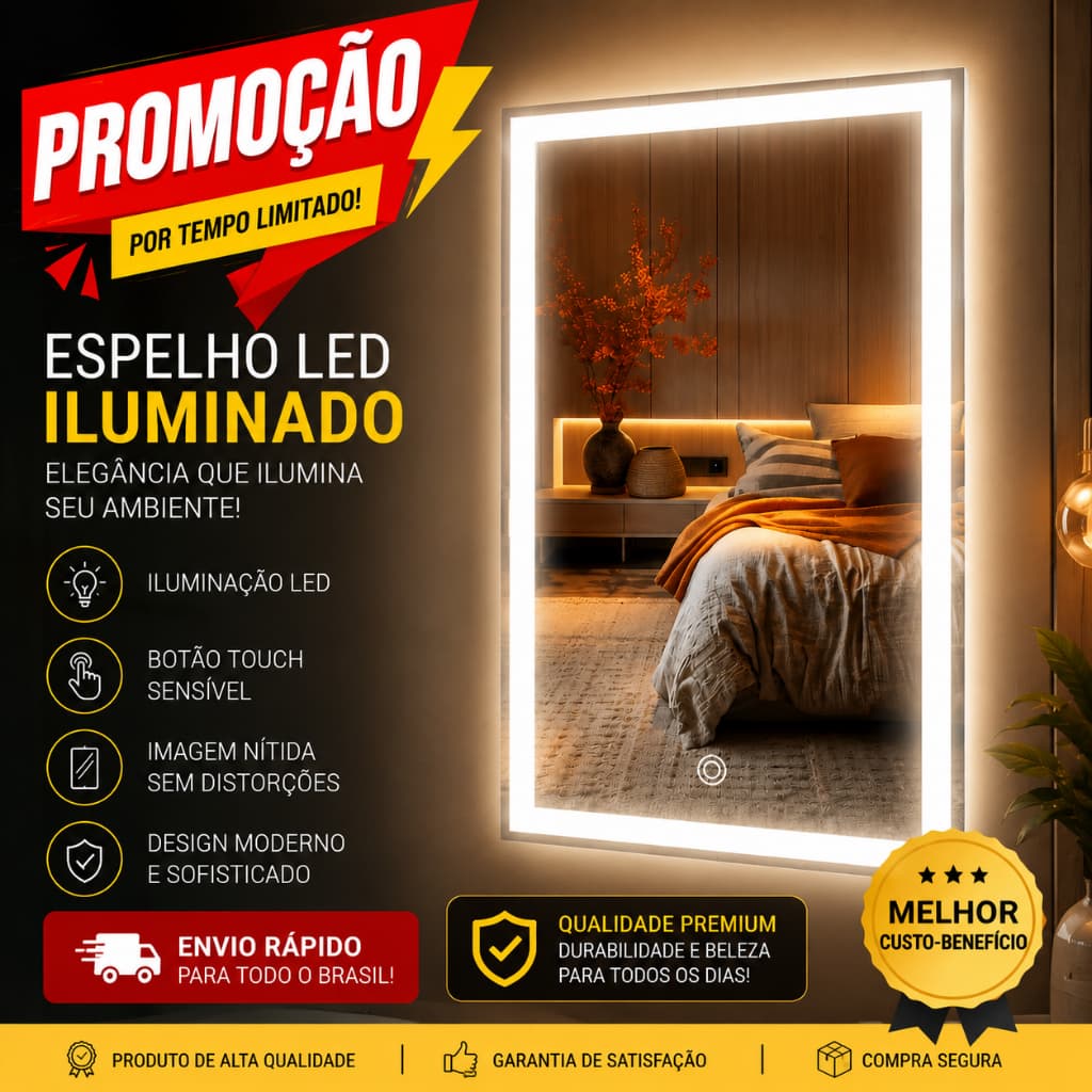 Espelho Decorativo Retangular 50x60 Jateado Iluminado com Led e Botao Touch Banhiro Lavabo