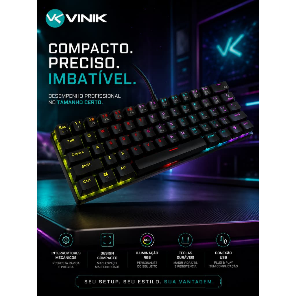 Teclado Mecânico 60% Vinik Anihi Black - Switch Red - Led Rainbow