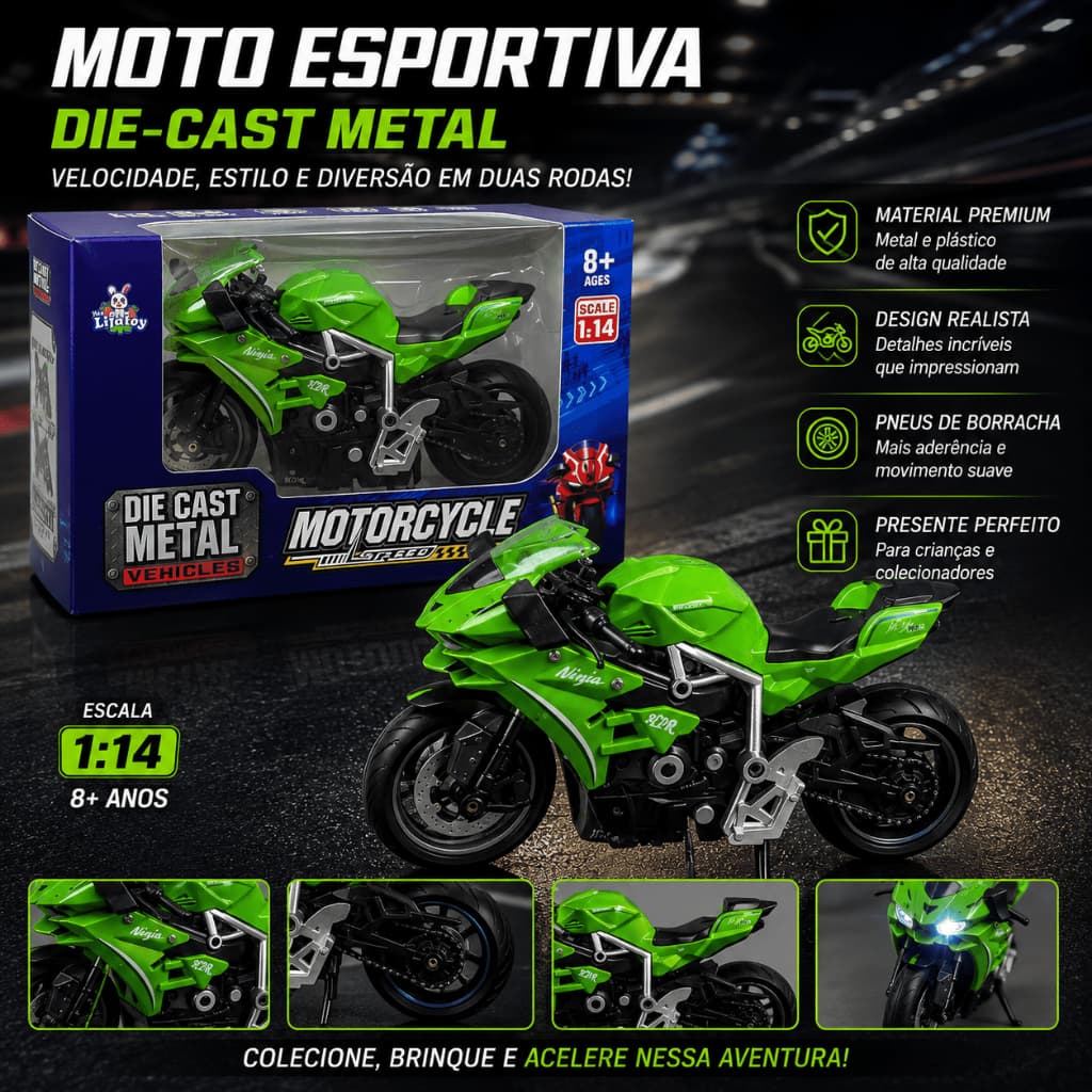 MOTO BRIQUENDO ESPORTIVA DIE-CAST METAL ESCALA 1:14 | MINIATURA PREMIUM | COLECIONÁVEL | PRESENTE INFANTIL