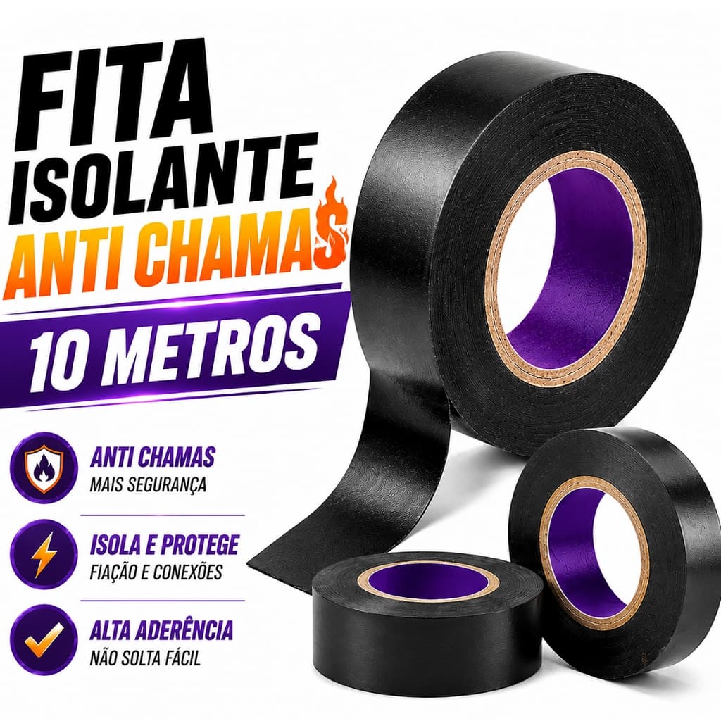 FITA ISOLANTE 10 METROS ANTICHAMAS - Alta Aderência Isolação Elétrica Profissional Preta