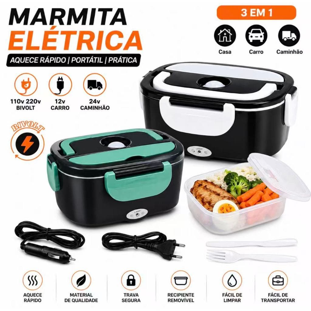Marmita Elétrica 3 em 1 Portátil Aquecimento Rápido 110V 220V 12V 24V Recipiente Plástico Removível