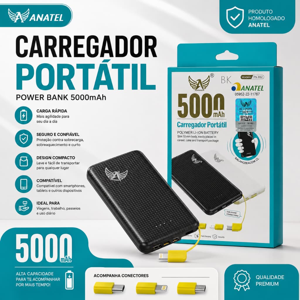 Carregador Portátil Power Bank 5000mAh Compacto Carga Rápida Universal USB