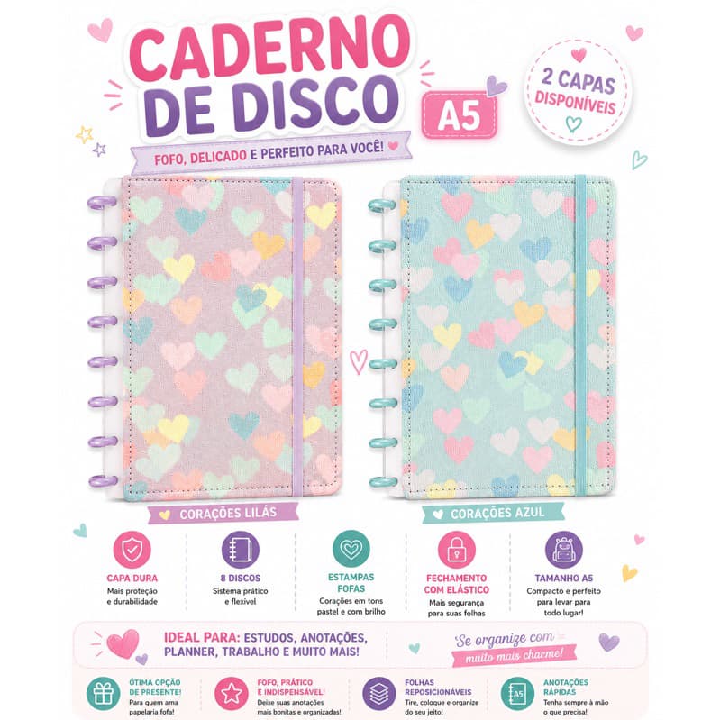 Caderno de Disco A5 com capa dura e estampa delicada de corações em tons pastel.