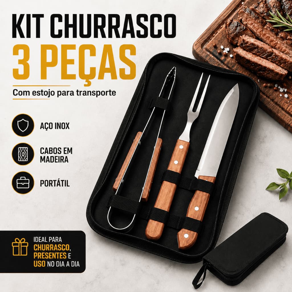 Kit Churrasco Completo 3 Peças Conjunto De Aço Inox Cabo Madeira utensílios Profissional