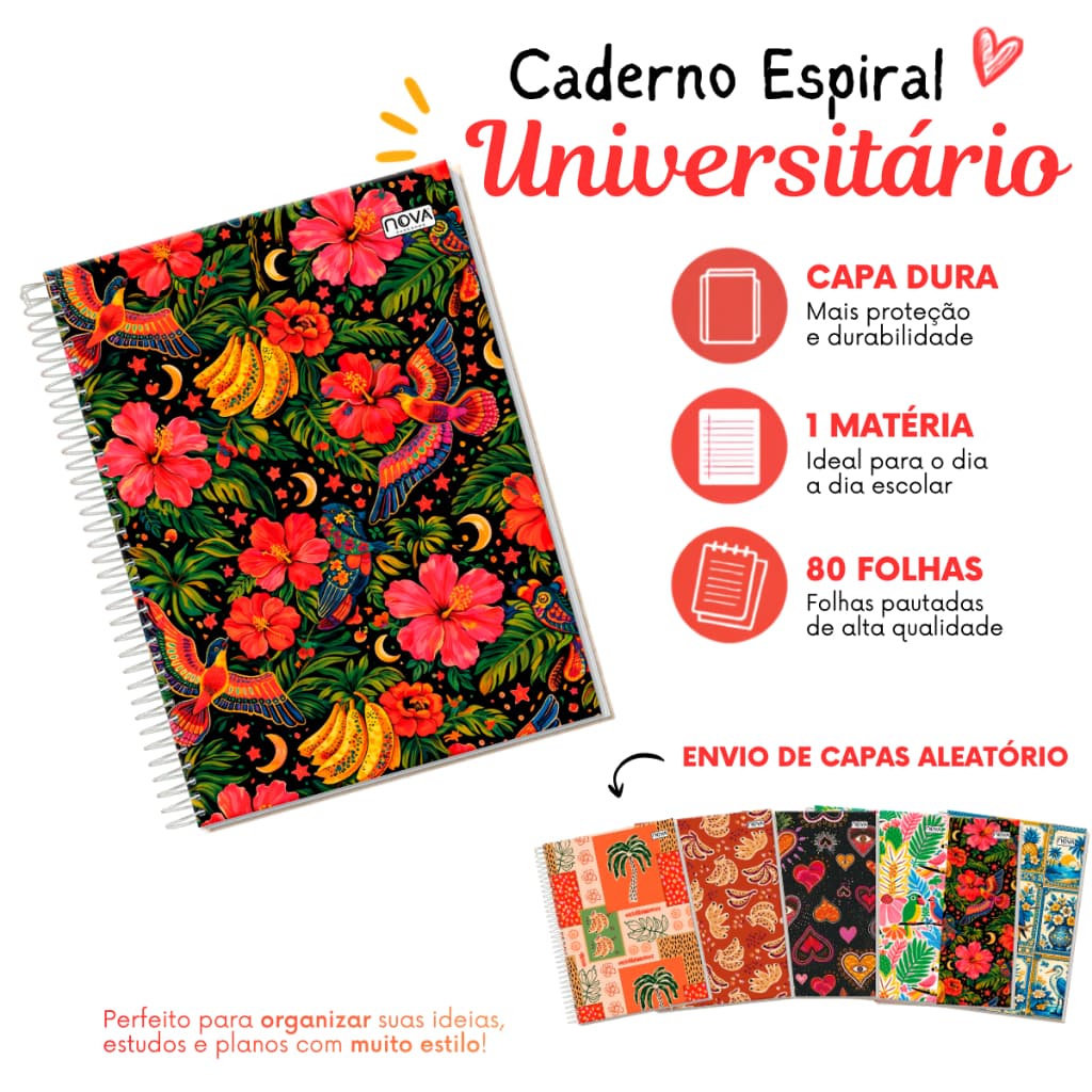Caderno Universitário 01 Matéria 80 Folhas Femnino Capa Dura Floral Tucano Brasilidades