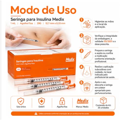 Kit 100 Unidades Seringas de Insulina 1ml 12,7mm X 33mm 29G Medix Agulha Fixa Estéril