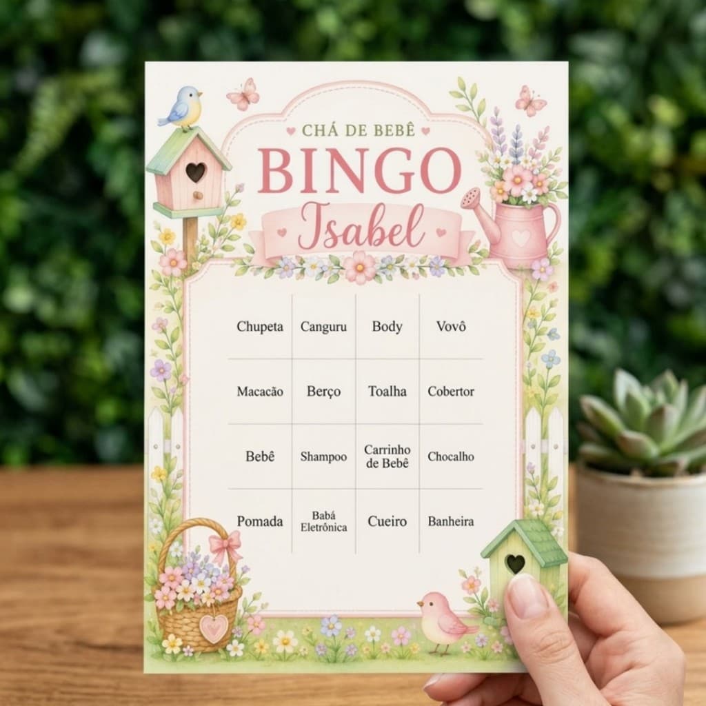 Bingo Chá de Bebê Personalizado Jardim Encantado Menina Floral Rosa | Chá de Fralda