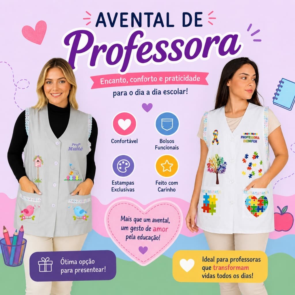 Jaleco Avental Professora Personalizado / Jaleco Uniforme Prof. Personalizado com Desenho e Nome
